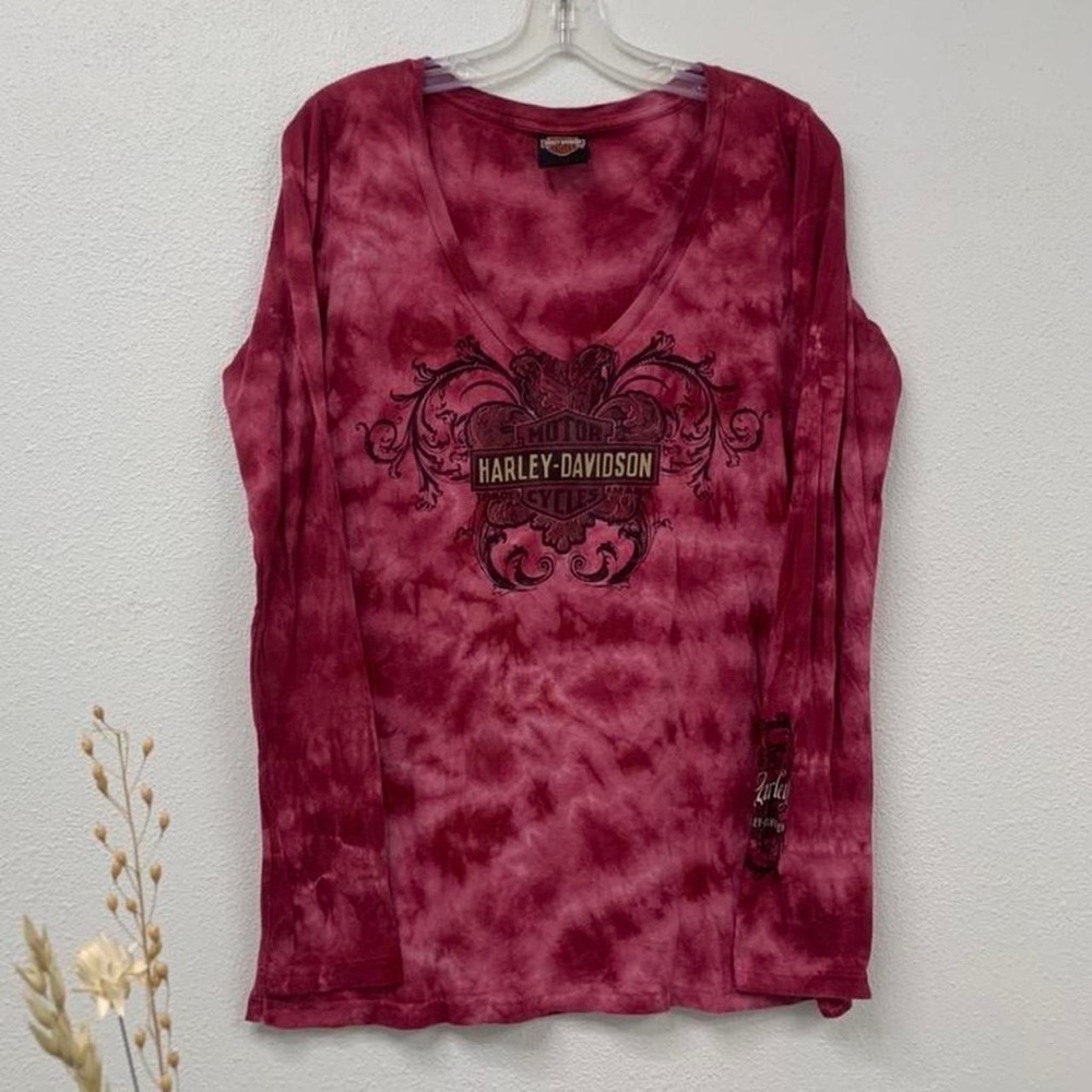 Harley Davidson Magenta Tie Dye Long Sleeve V-Neck Top